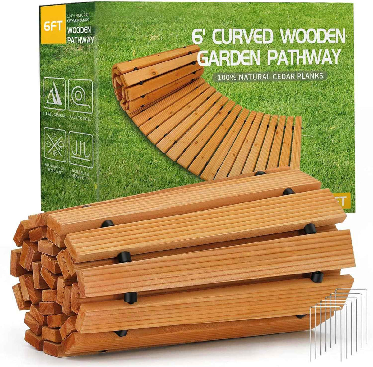 RELIANCER 6' Wooden Garden Pathway,Outdoor Roll Out Cedar Curved Walkway,Patio Path Decorative Garden Boardwalk Walkways,Weather-Resistant Roll Up Beach Wood Road Floor,Wedding Party Pathways