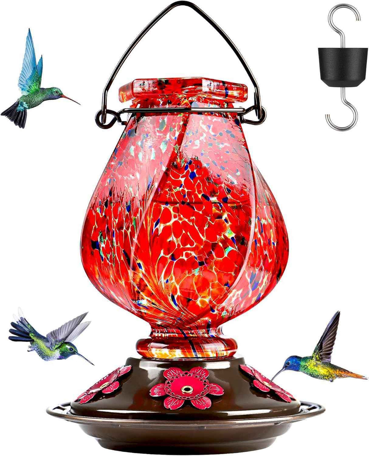 BOLITE Hand Blown Glass Hummingbird Feeder 22oz – Ant Moat, Bee-Proof, 360° Perch