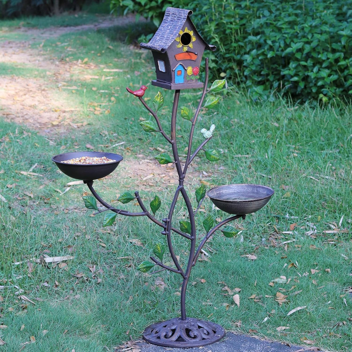 36.8" H Bird Houses for Outside, Metal Bird Bath,Birdhouses for Outdoors | 3-IN-1,Freestanding with Cast Iron Base Bird Feeder, Outdoor Garden & Courtyard Decoration