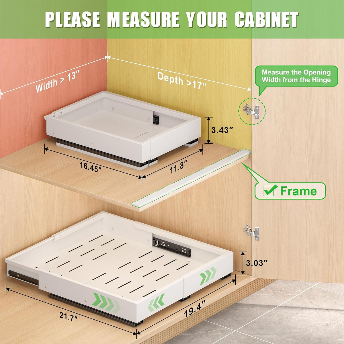 1 Pcs Pull Out Drawers for Cabinets Organizer Expandable Width(11.8"-19.4"), Depth(16.45"-21.7") With 3 Rails, No Drill Roll Out Drawer, Adhesive Sliding Drawers - Field & Nook
