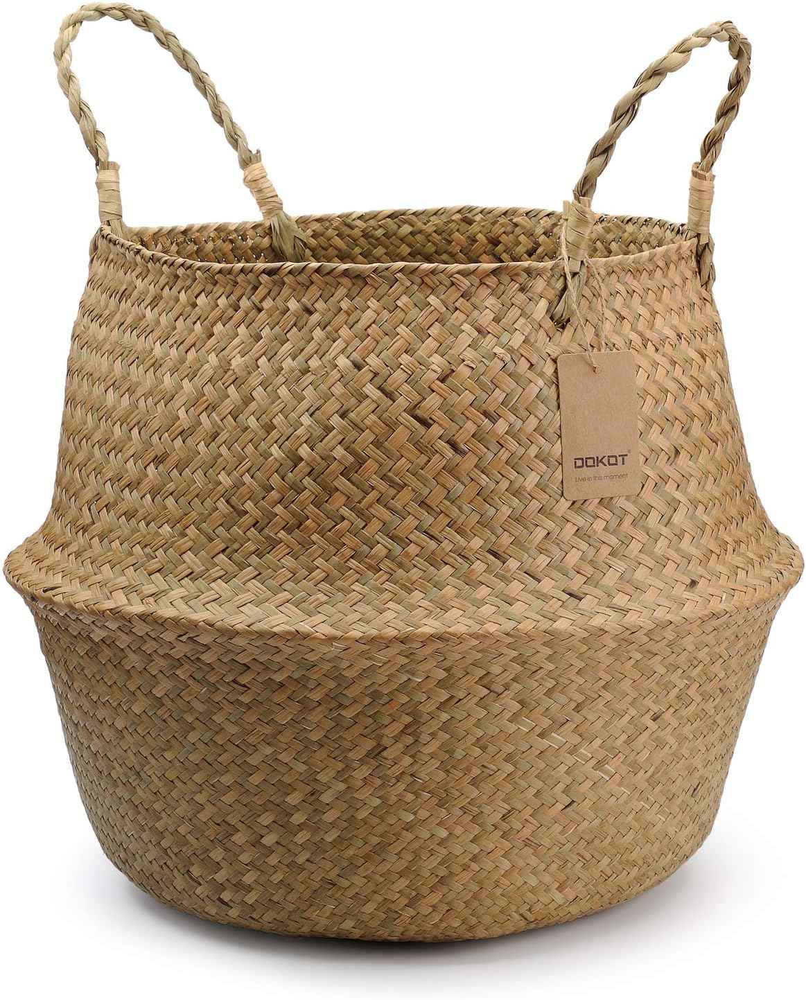 DOKOT Seagrass Plant Basket with Handles, Round Storage Wicker Basket (10.6inch Diameter x 12.5inch Height, Natural)