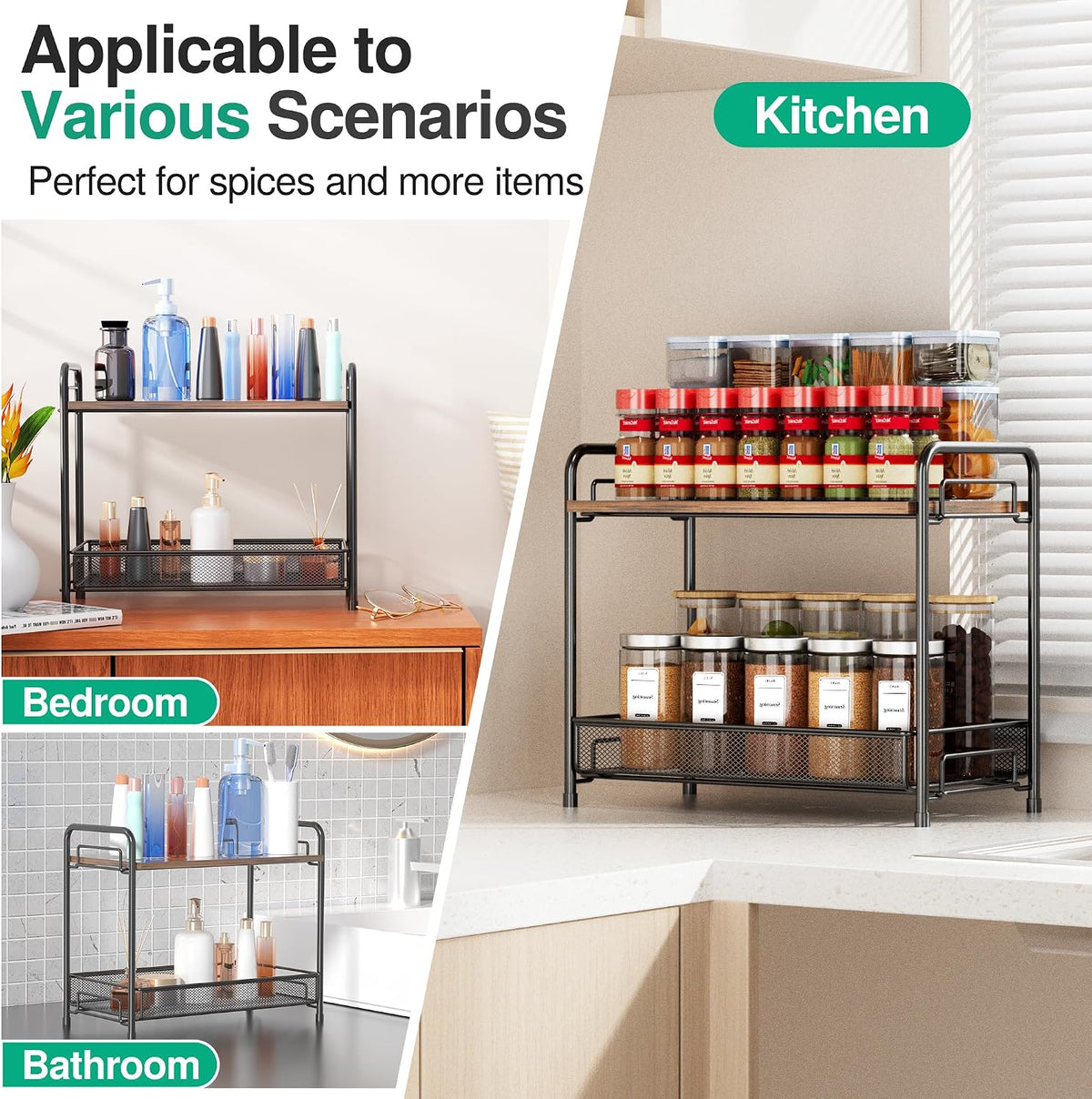 Spice Rack Organizer for Countertop with Wood Top – Black - Field & Nook
