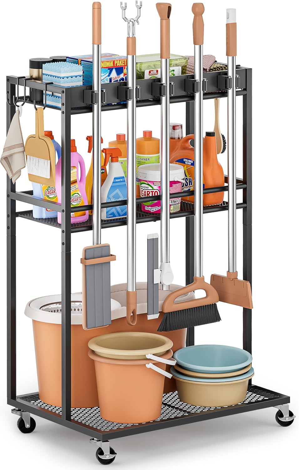 Broom Holder with Cleaning Supplies Organizer, Broom Closet Storage Cabinet with Mop Hanger Gripper Rack Hooks, Cleaning Housekeeping Janitorial Cart with Cleaning Caddy, Laundry Room Organization - Field & Nook