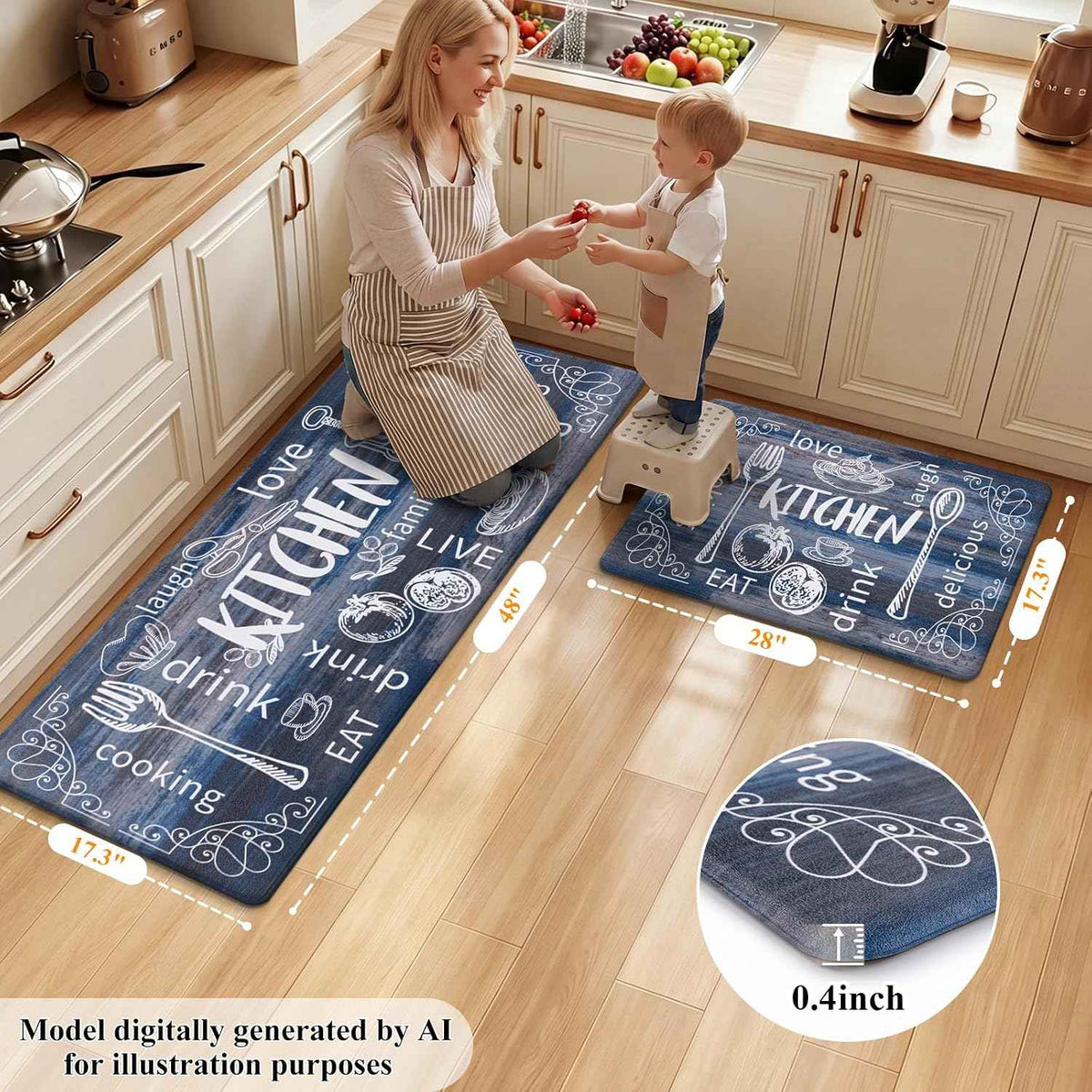 HEBE Anti Fatigue Kitchen Rugs Set of 2, Cushioned Kitchen Mats for Floor | Non Slip Farmhouse Kitchen Rug and Runner Set, Waterproof Comfort Kitchen Floor Mat Carpet for Sink, Standing Desk, Laundry