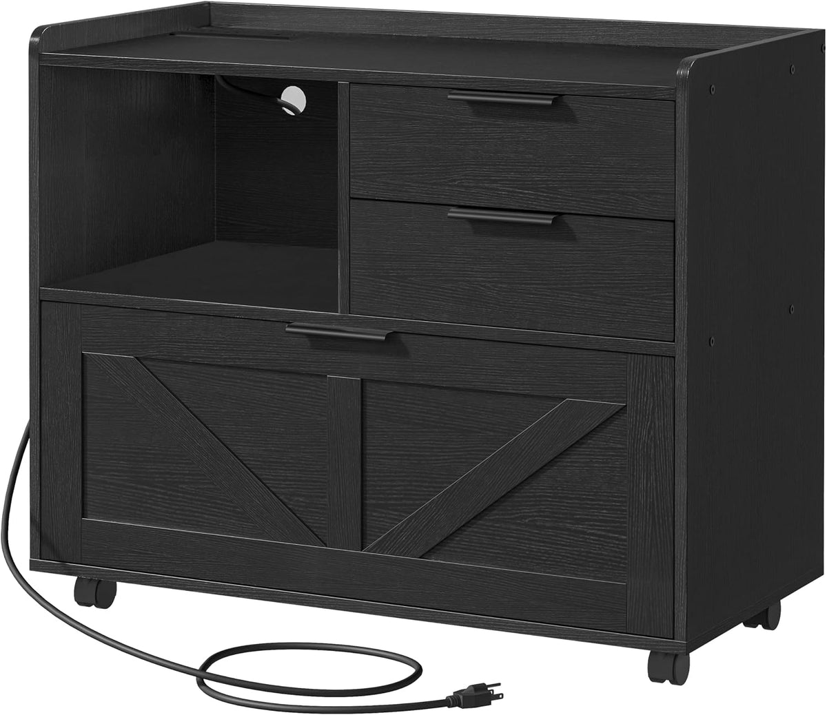 HOOBRO Lateral File Cabinet, Wooden Office Storage Drawers with Charging Station, Filing Cabinet for Home Office, A4/Letter/Legal-Sized Files, Printer Stand with Open Storage Spaces, Black BB37UWJ01 - Field & Nook