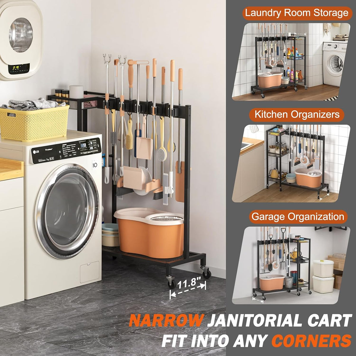 Broom Holder with Cleaning Supplies Organizer – Janitorial Housekeeping cart - Field & Nook