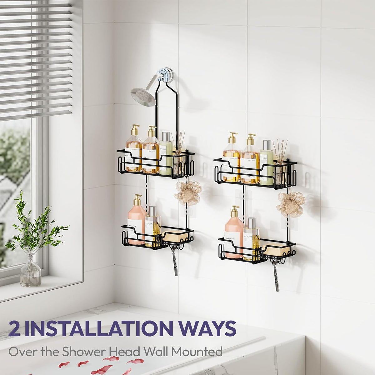 Extended Hanging Shower Organizer – 2-Tier Rustproof Caddy with Hooks