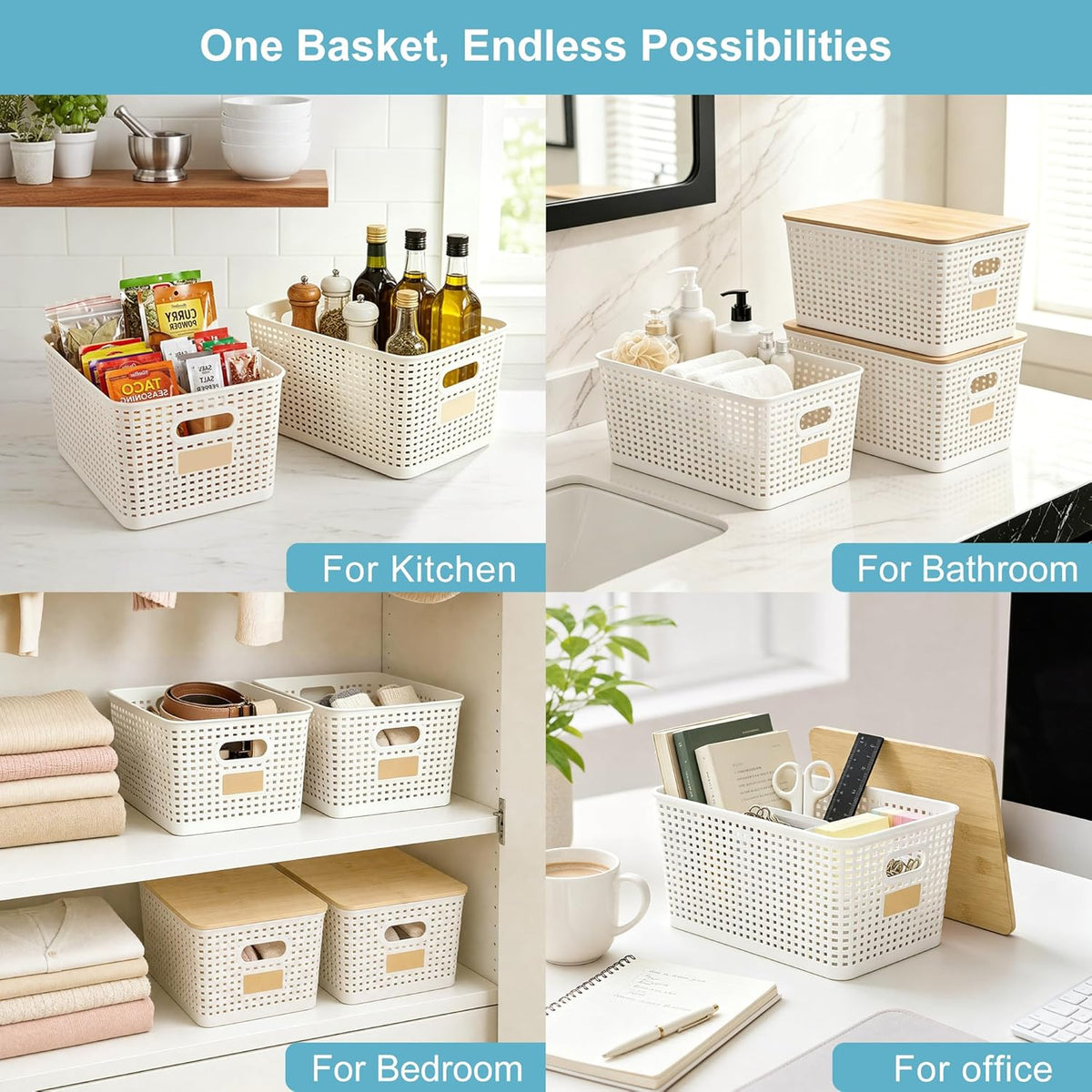 2 Pack Tall Plastic Storage Bins with Bamboo Lids, 10.8qt Stackable Storages Baskets for Organizing Desktop Closet Playroom Classroom Office, 12"L x 8.3"W x 6.1"H, Cream White - Field & Nook