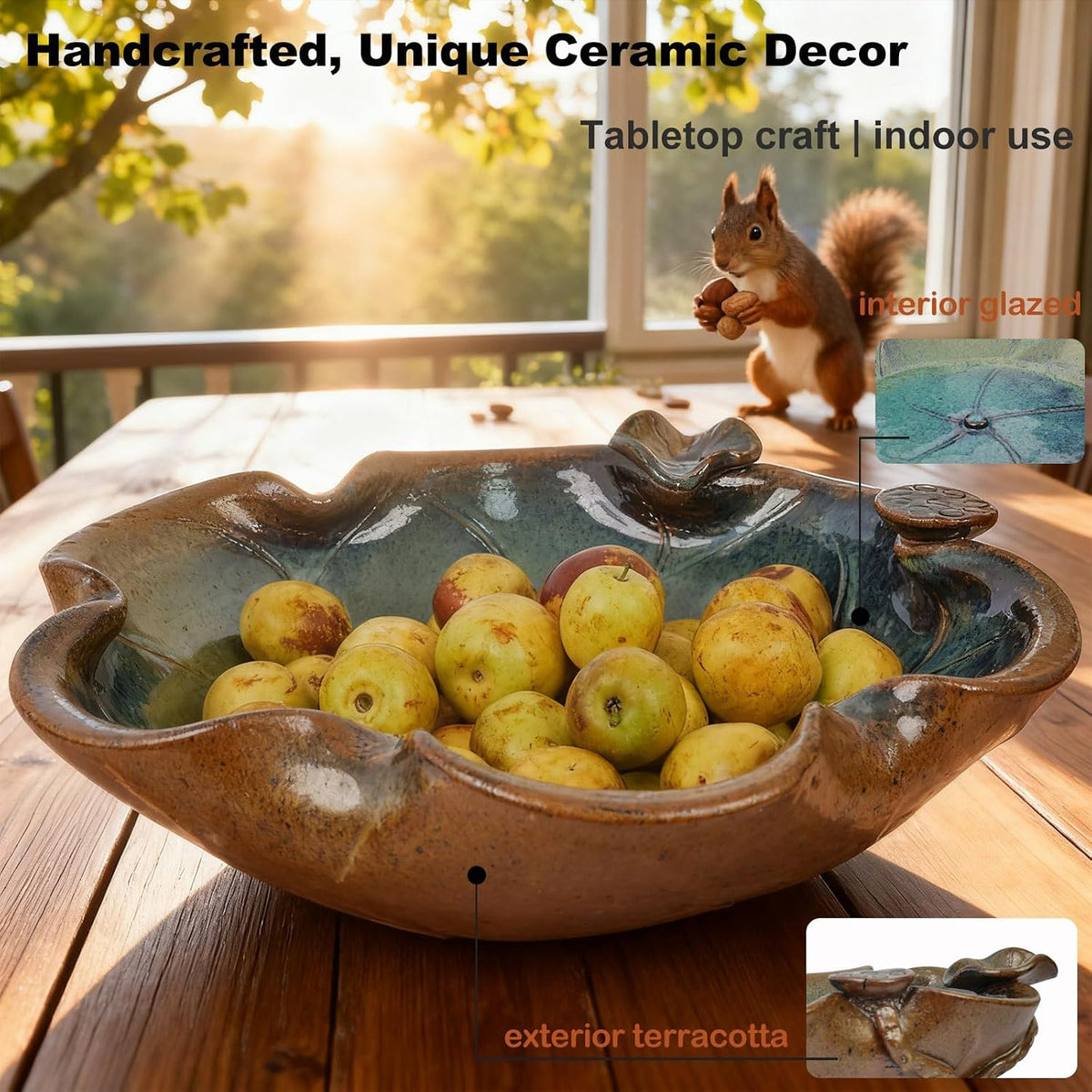 Ceramic Bird Bath and Feeder, Heavy Duty 12.5-Inch Ground Feeding Bowl, Wildlife Water Station for Squirrel Rabbit Bird Bee - Garden, Yard, Balcony Décor