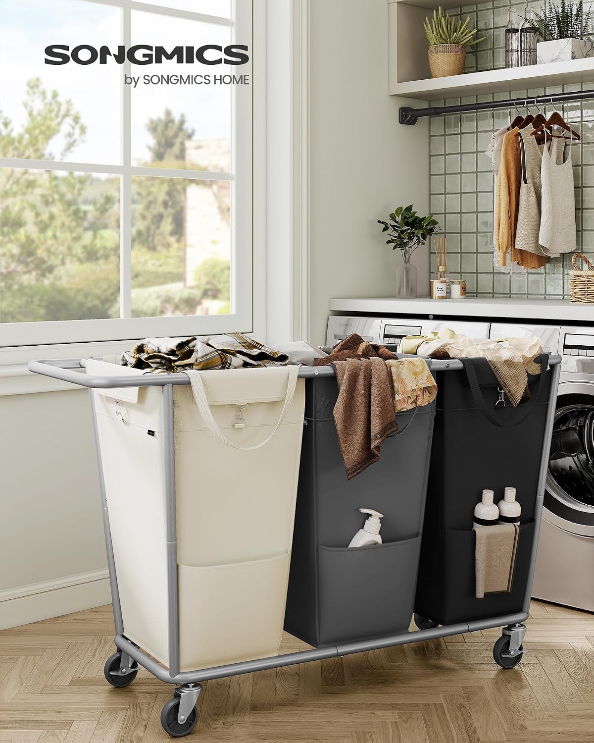 290L 3-Section Steel-Frame Rolling Laundry Hamper - Field & Nook