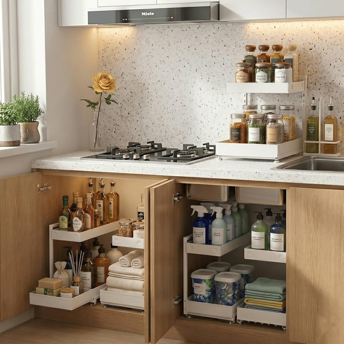 TATAANTY Under Sink Organizer, L-Shaped Metal 2-Tier Double Pull-Out Drawer for Kitchen & Bathroom Cabinets, Adjustable Height Storage - 50lbs Heavy Duty Waterproof 2PCS Height Adjustable - Field & Nook