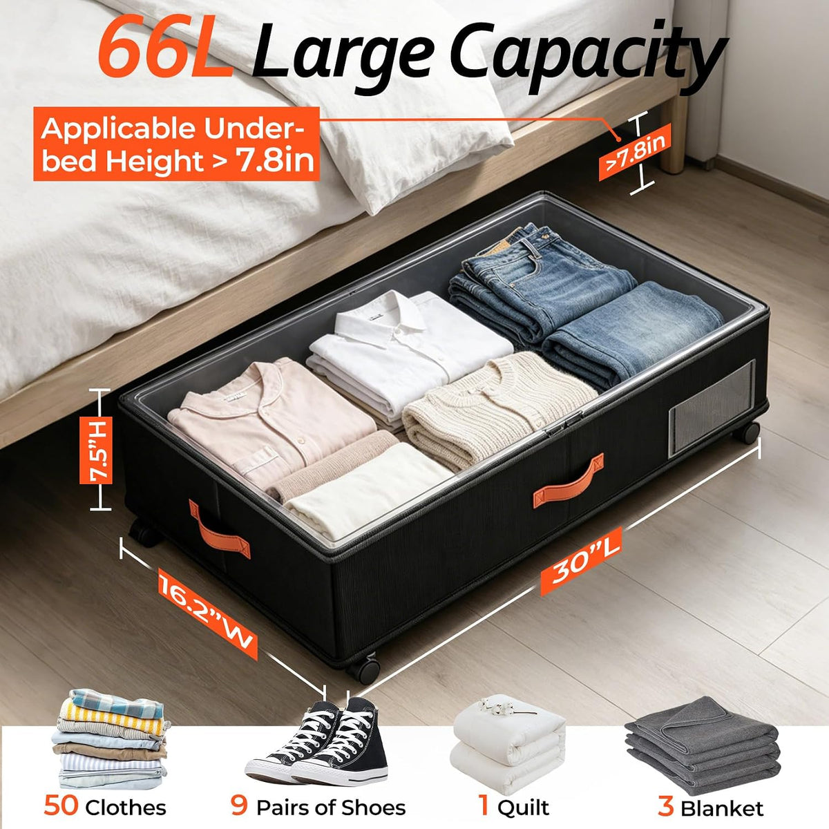 Under Bed Storage with Wheels 2-Pack, Under Bed Storage Containers 66L Clear Lids, Rolling Storage Drawers for Clothes Shoes Blankets, Underbed Organizer Bins(30" L x 16.2" W x 7.5" H) - Field & Nook