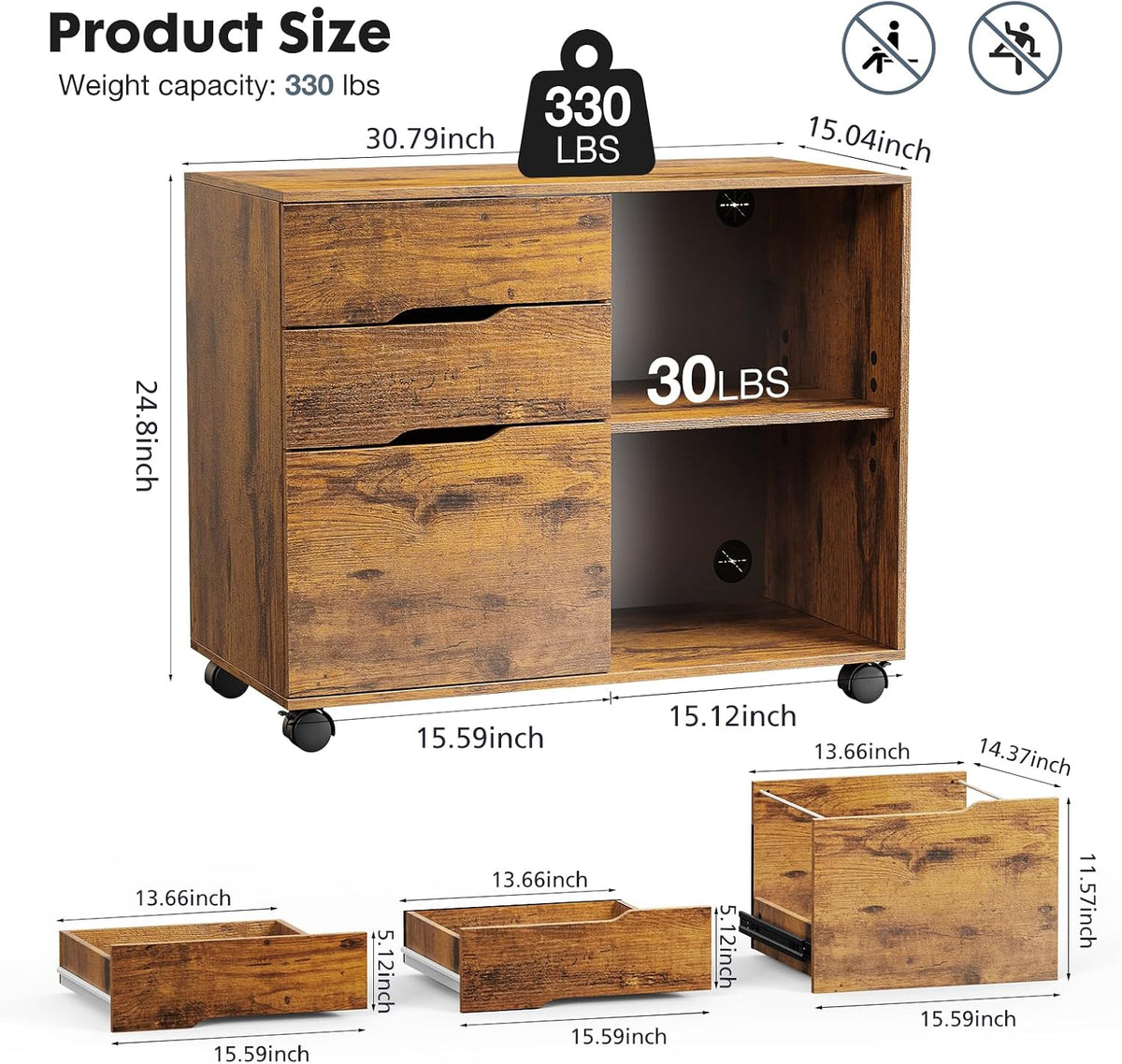 DUMOS File Cabinet with 3 Drawers, Wood Under Desk Storage Printer Stand | Rolling Lateral Filing Cabinet with Adjustable Shelves for Home Office Study Organization,Rustic - Field & Nook