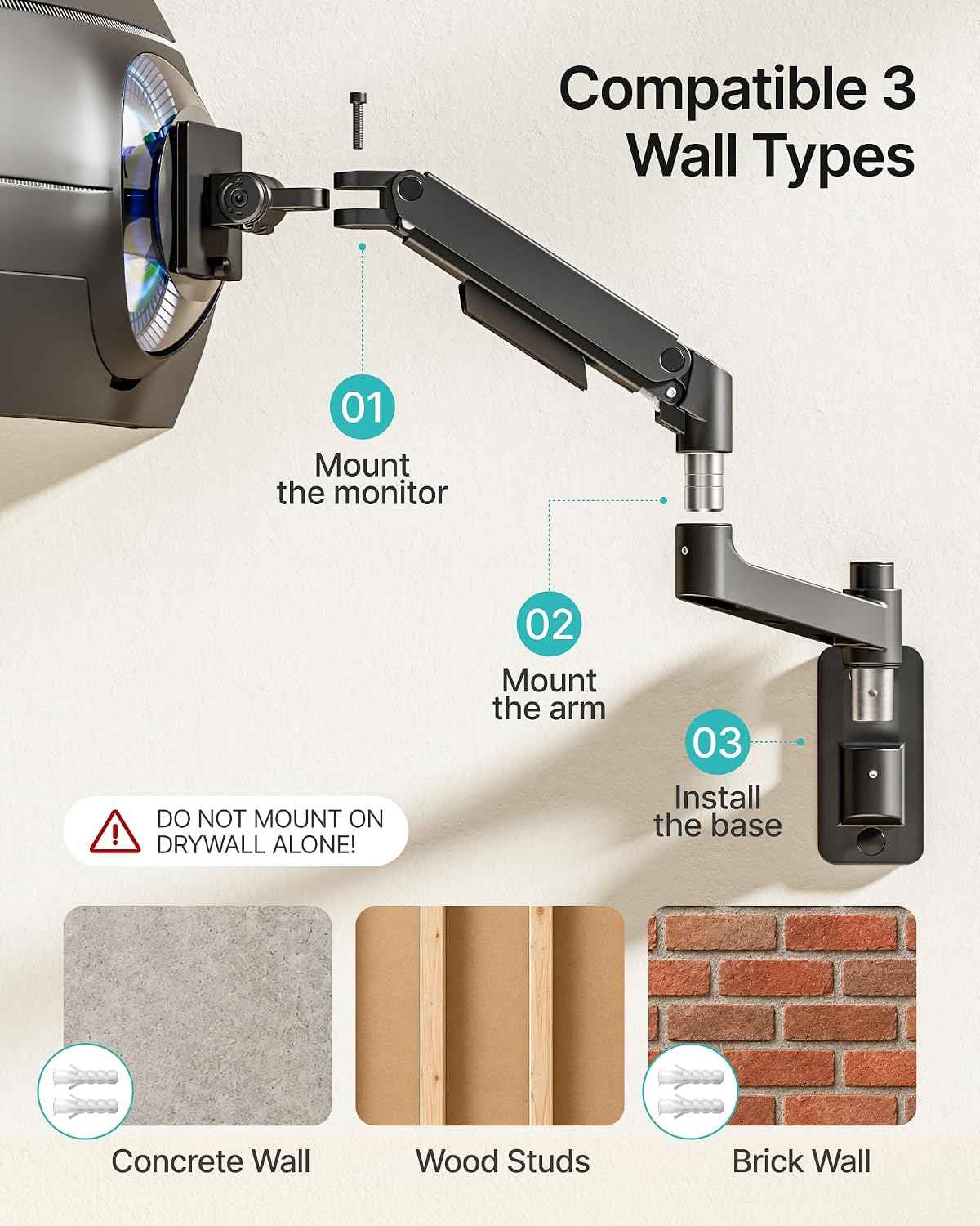 Single Wall Mount Monitor Arm for 17-49" Ultrawide Screens | Heavy Duty Wall Mount Stand Holds up to 44 LBS