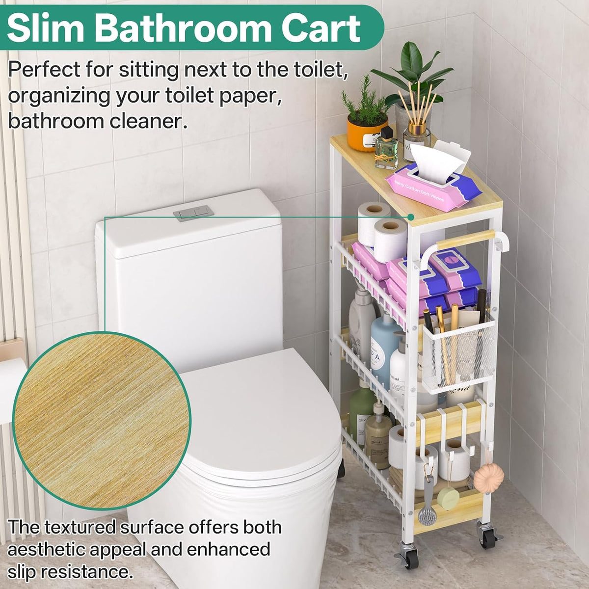 DTUQYX Laundry Room Organization Cart, 4 Tier Slim Rolling Cart for Small Narrow Spaces, Storage Shelf Cabinet with Wheels for Bathroom, Utility Room, Kitchen, Near Washer Dryer (9.1" Overall Width) - Field & Nook
