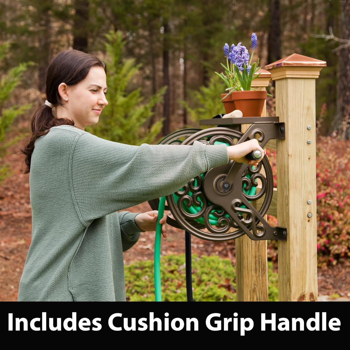 Decorative Wall-Mount Steel Garden Hose Reel – Holds 125 ft, Bronze