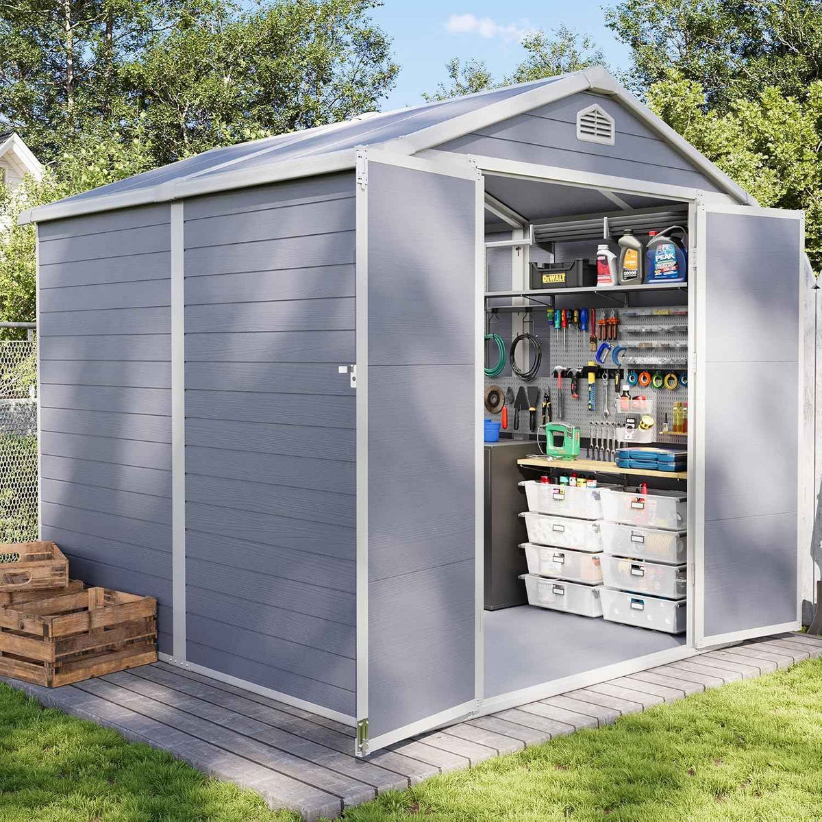 Aoxun 8 X 6.2 FT Resin Storage Shed Outdoor Plastic Large Garden Shed with Lockable Door, Floor for Backyard, Garden, Patio, Lawn, Grey (Grey, 8' x 6.2')