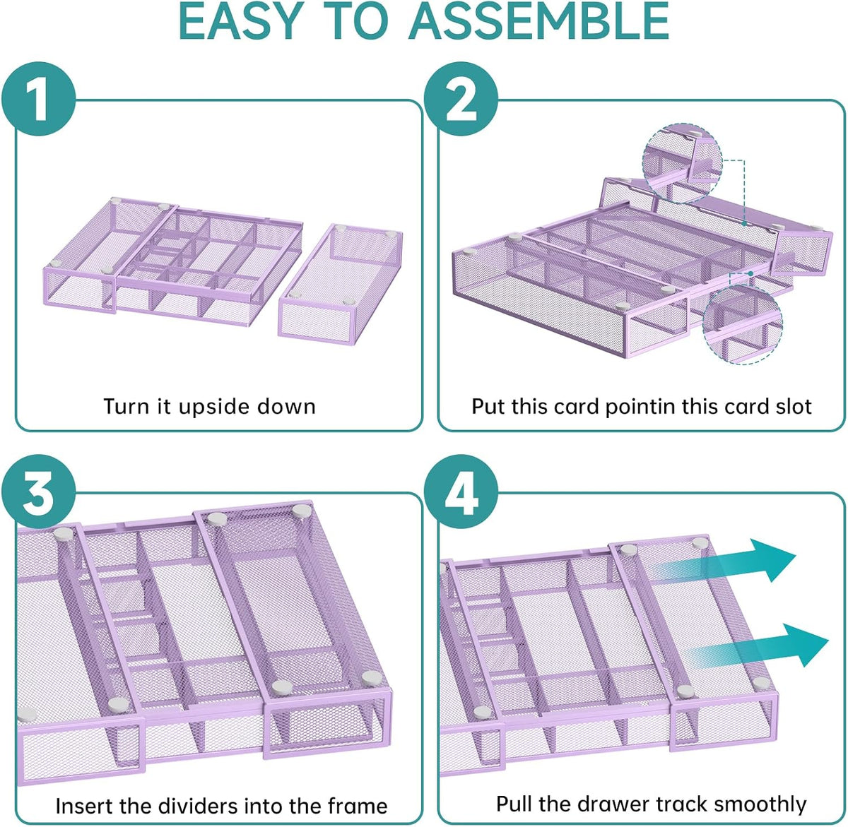 Expandable Desk Drawer Organizer, 10 Adjustable Compartment, Purple | Metal mesh drawer organizer tray with 5 removable dividers, expands from 8.74 to 16 in for office supplies, makeup or tools - Field & Nook