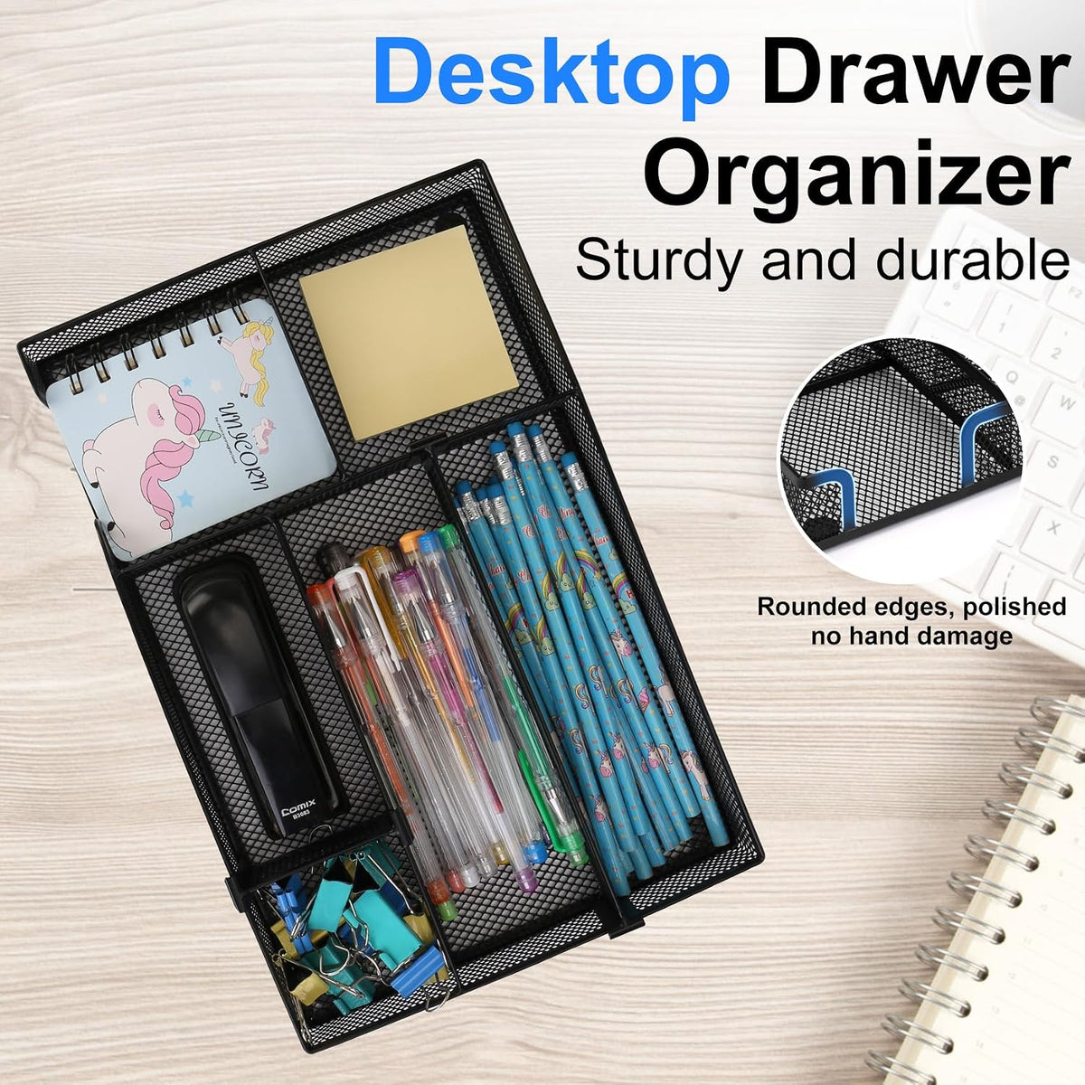 Desk Organizer, Desk Drawer Organizer Tray with Adjustable Dividers, Black Desktop Metal Mesh Office Desk Organizer, Stackable Multifunctional Pen Organizer for Office School Home Makeup Supplies (1) - Field & Nook