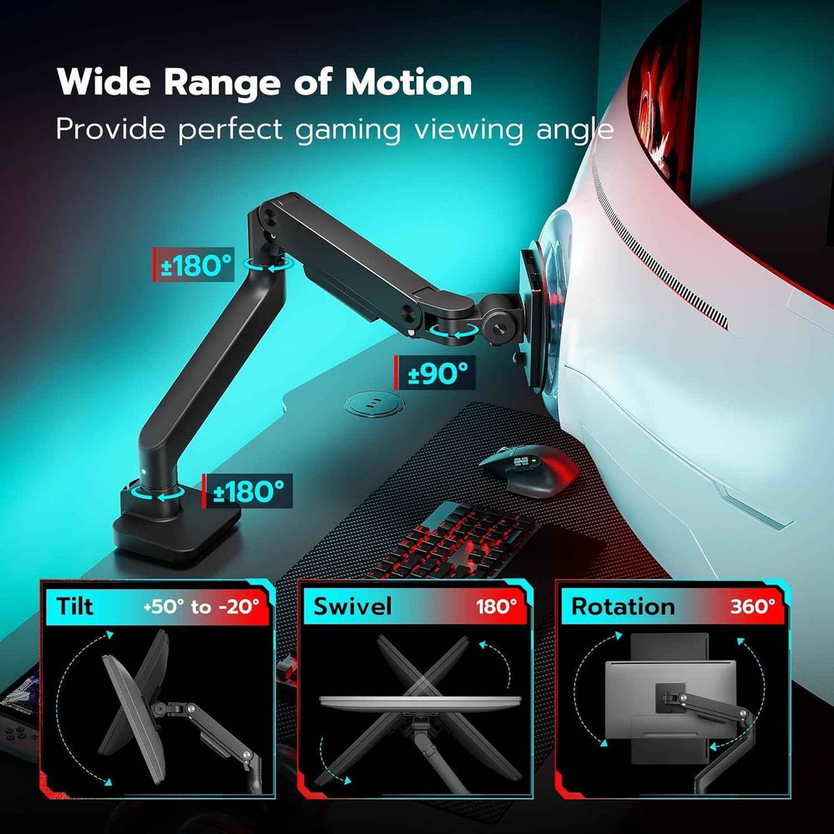 ARES WING Ultrawide Monitor Desk Arm for 17 to 49 Inch Screen, Holds 44 Lbs | Pro Gas Spring, Full Range of Motion, for 75/100 Vesa Mount, for Samsung, LG Curved/Flat Monitor, with C Clamp, Grommet Base