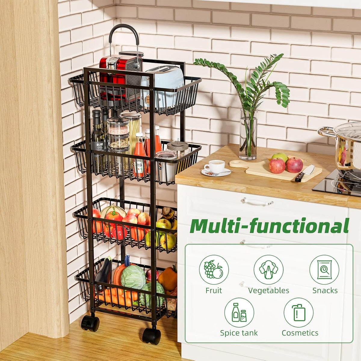 Simple Trending 4 Tier Rolling Fruit Vegetable Basket Cart, Black | Metal Wire, Kitchen Storage Organizer, On Wheels, For Bread Onion Potatoes