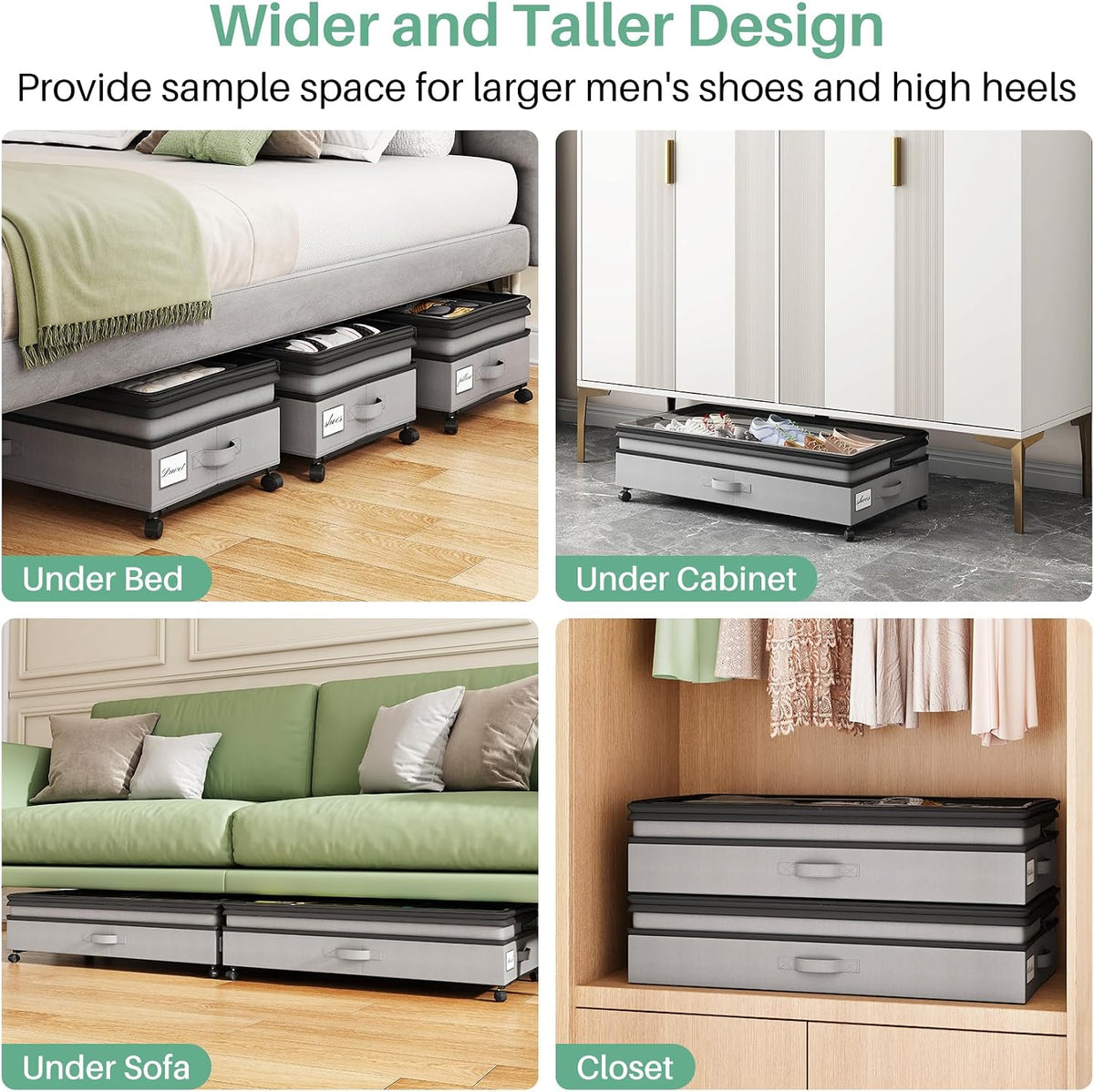 Kitstorack Under Bed Storage with Wheels 2Pack Height-adjustable Under Bed Storage Containers,Under Bed Shoe Storage Organizer with Clear Window&Label, Suitable for Clothes Storage, Gray - Field & Nook