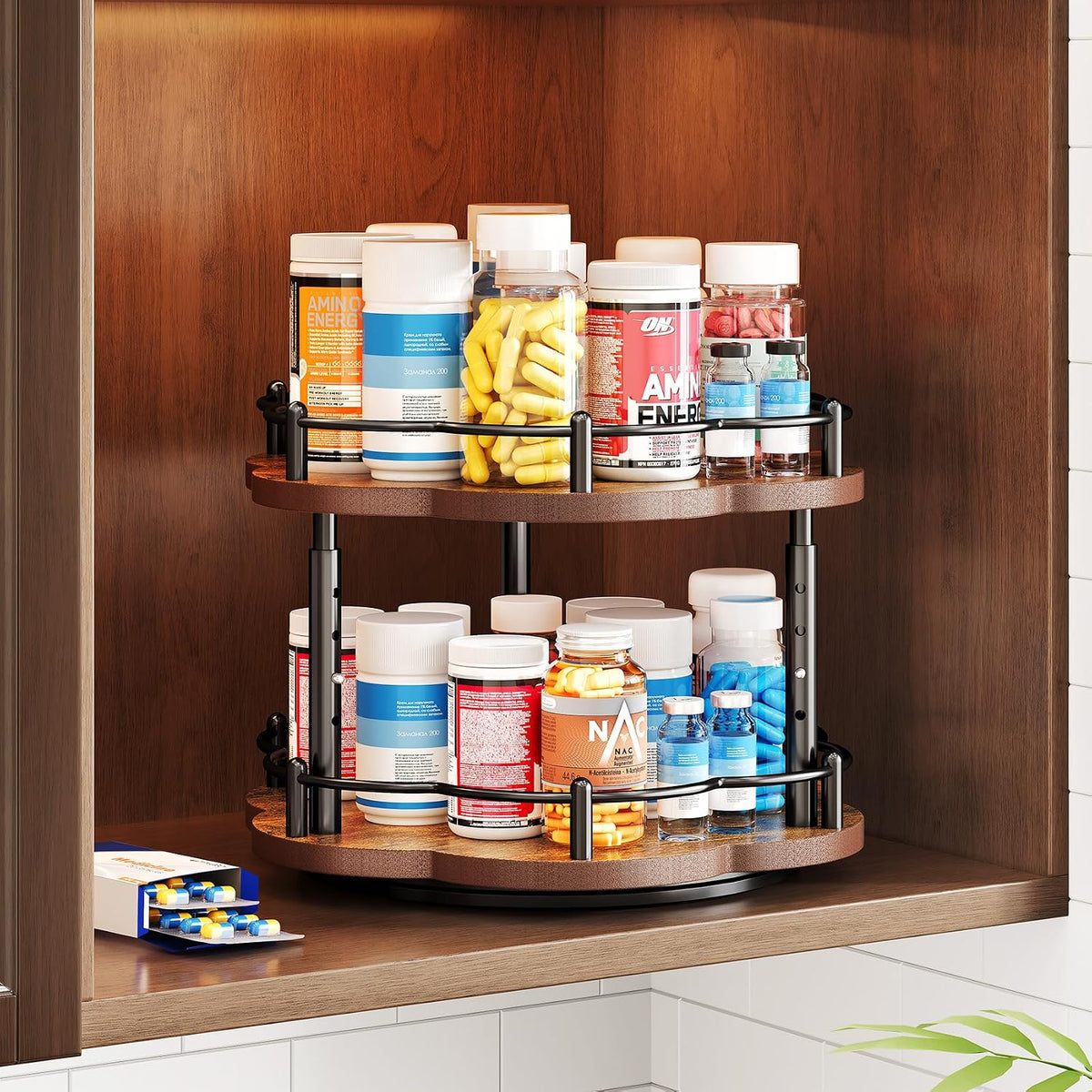Spice Rack Lazy Susan Organizer for Cabinet, Rotating Spice Organization 2 Tier Adjustable Lazy Susan Turntable Spice Cabinet Organizer for Kitchen Countertop & Pantry, Wood 10 Inch Seasoning Storage - Field & Nook