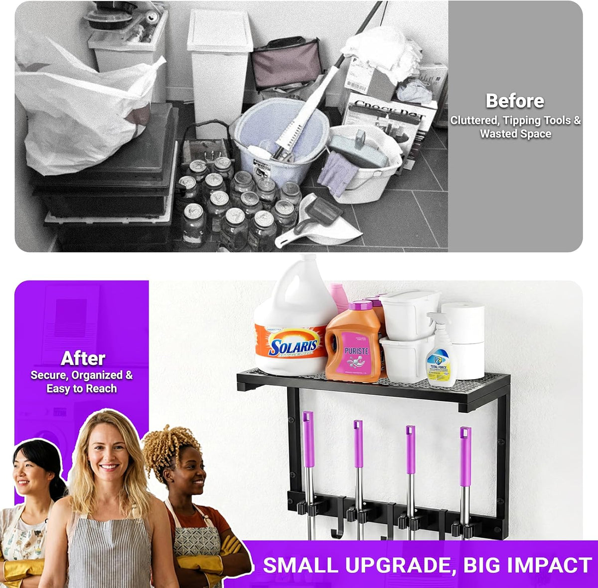 Heavy Duty Broom Holder Wall Mount – All-Metal Mop Rack with Storage Shelves - Field & Nook