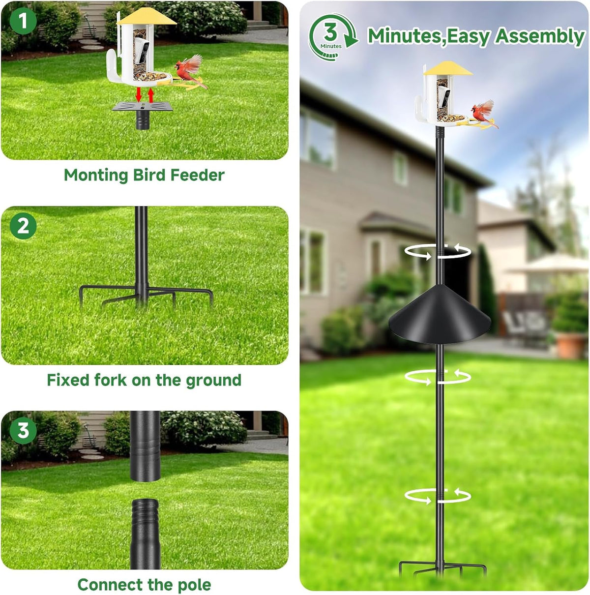 Smart Bird Feeder Pole with Squirrel Baffle & Bath-Heavy Duty Adjustable 3-6.6ft Universal Stand Mount for Backyard&Outdoor Bird Houses/Cameras (80" Pole-Baffle)