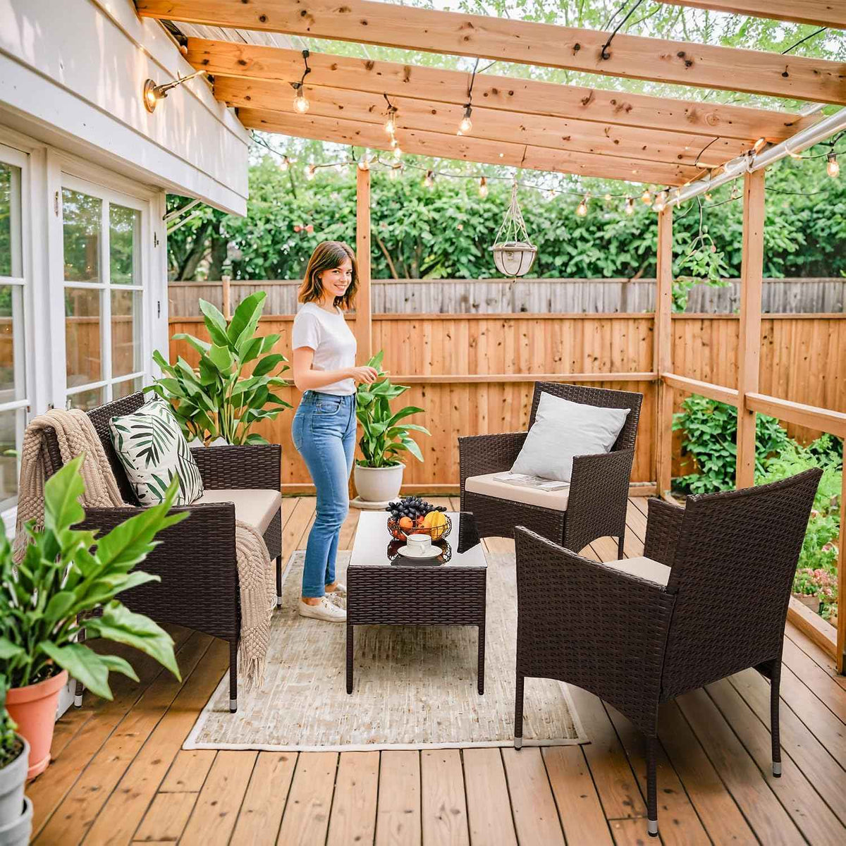 Homall 4 Pieces Outdoor Patio Furniture Set, Rattan Chairs, Brown &