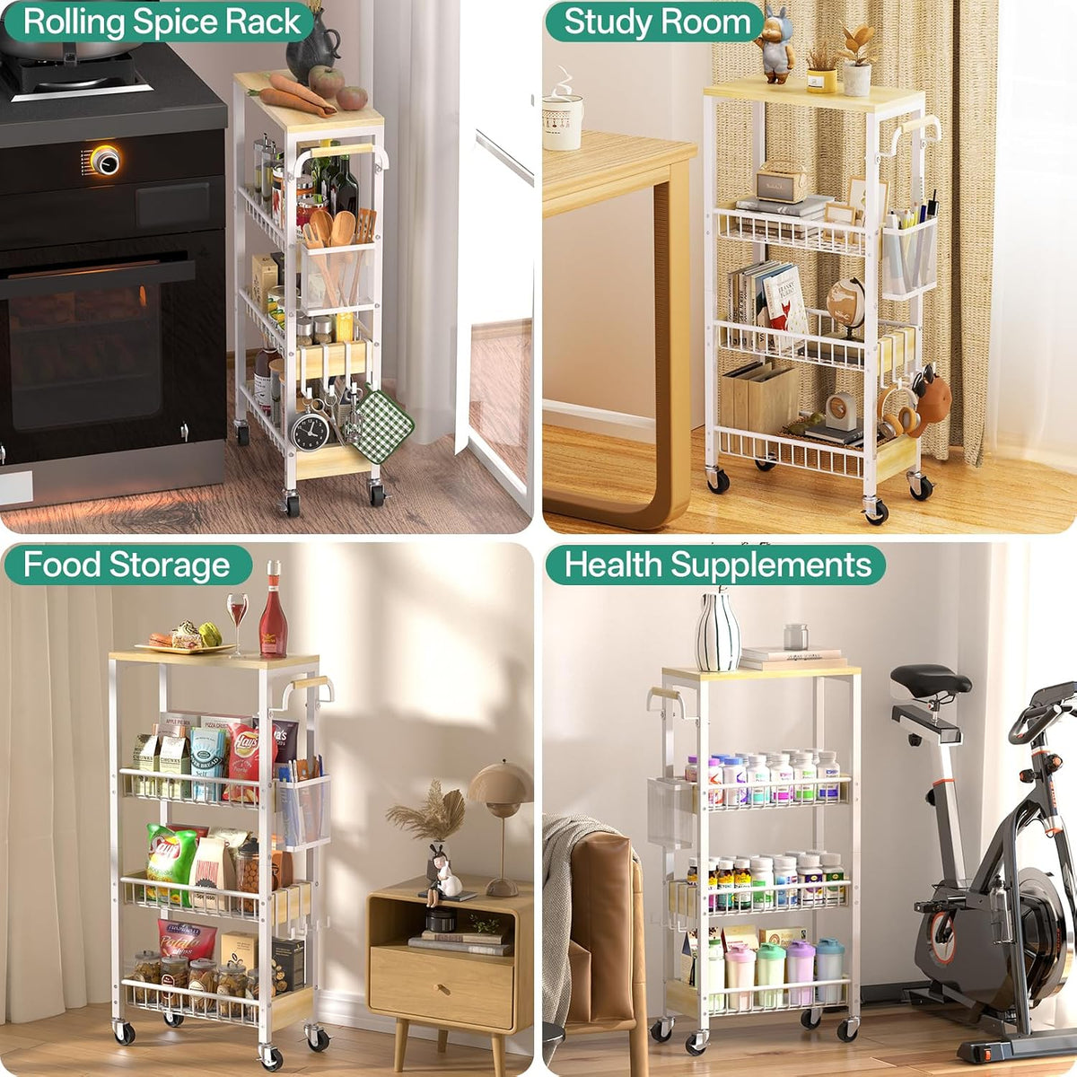 DTUQYX Laundry Room Organization Cart, 4 Tier Slim Rolling Cart for Small Narrow Spaces, Storage Shelf Cabinet with Wheels for Bathroom, Utility Room, Kitchen, Near Washer Dryer (9.1" Overall Width) - Field & Nook