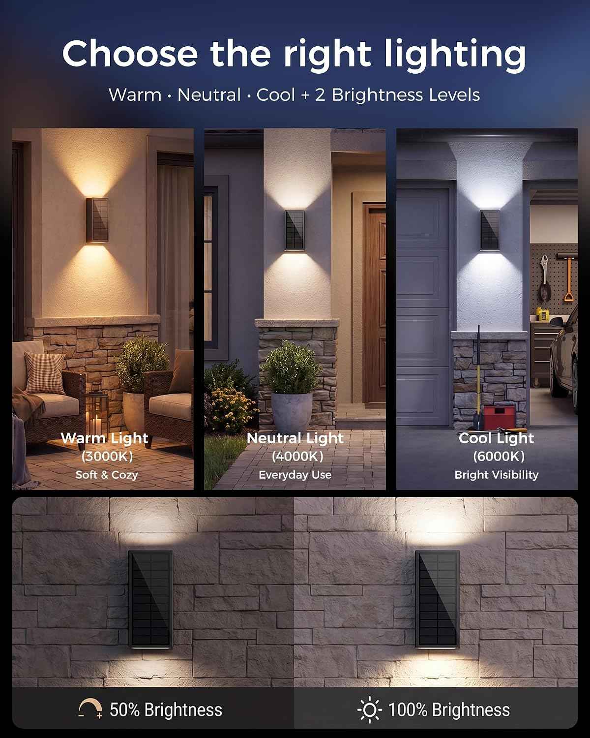 2Pack Solar Wall Lights Outdoor, Dusk to Dawn Up Down Wall Sconce, USB-C Rechargeable Backup, 3CCT Dimmable, IP65 Waterproof LED Exterior Lighting for Front Door Garage Patio Shed