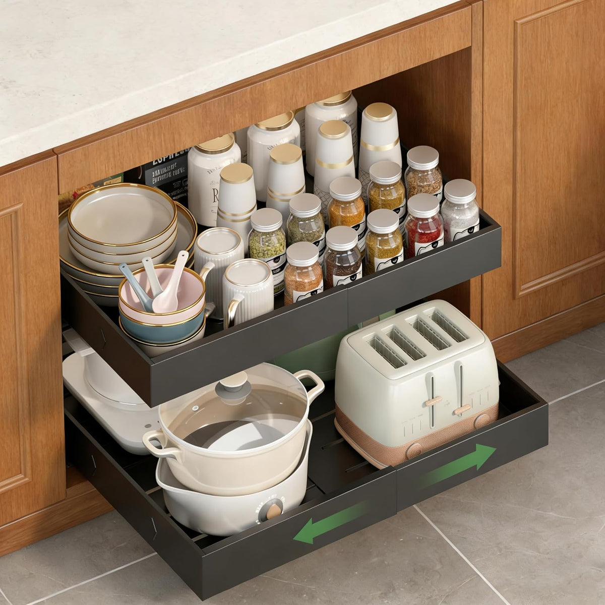 2-Pack-Expandable-Pull-Out-Cabinet-Organizers, No Drill Slide Out Drawers | Adjustable Pull Out Shelf With Raising Pad For Kitchen Framed Cabinet, Heavy Duty Sliding Roll Out Drawers Inside Cabinet - Field & Nook