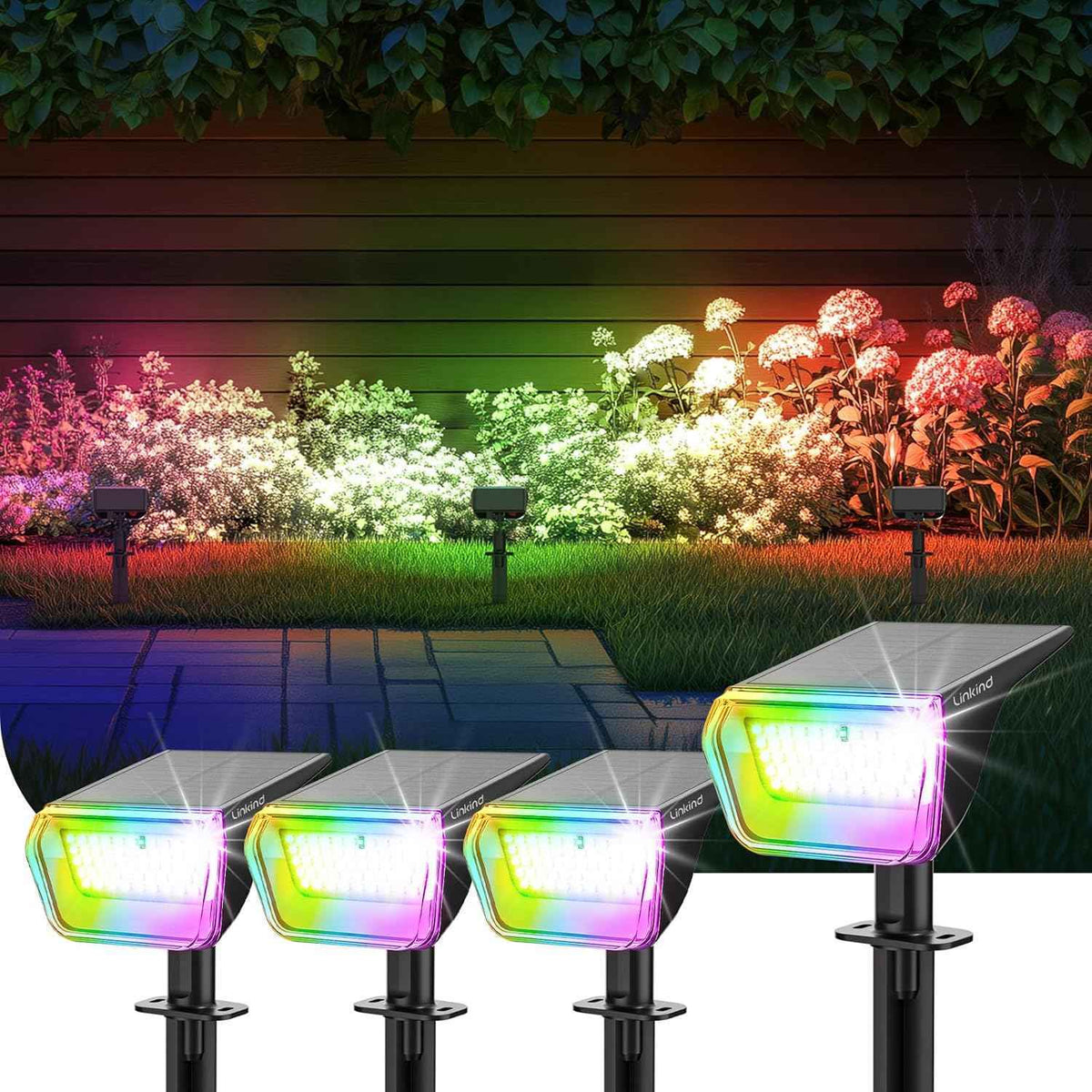 Linkind RGB Solar Spot Lights Outdoor Waterproof IP67, 60 LED 10 Lighting Modes Color Changing Landscape Lighting for Garden Yard Pathway Decorations (4 Pack, Multicolor)