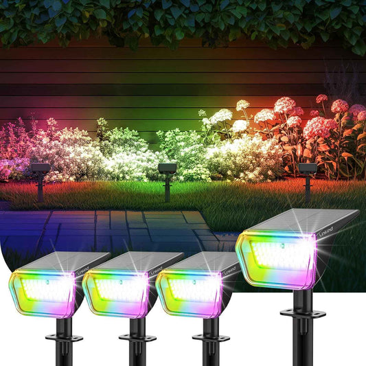Linkind RGB Solar Spot Lights Outdoor Waterproof IP67, 60 LED 10 Lighting Modes Color Changing Landscape Lighting for Garden Yard Pathway Decorations (4 Pack, Multicolor)