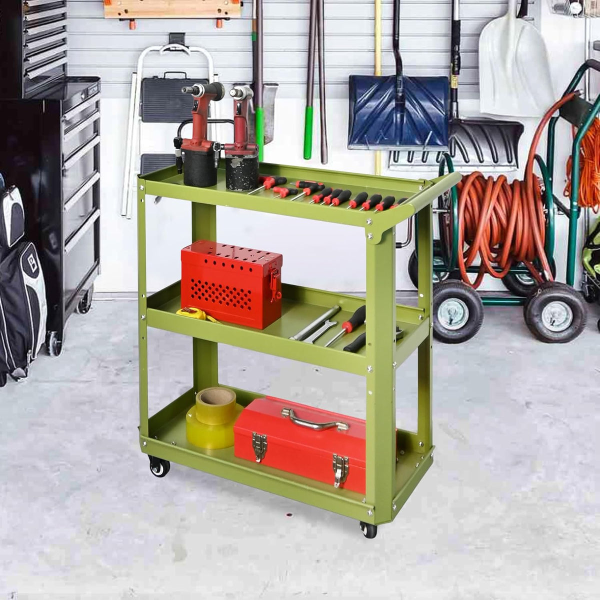 3 Tier Metal Utility Rolling Cart with Wheels, Green | Heavy Duty Storage Organizer, 330Lbs Capacity, Multi-Purpose, For Kitchen, Bathroom, Office, Bedroom - Field & Nook