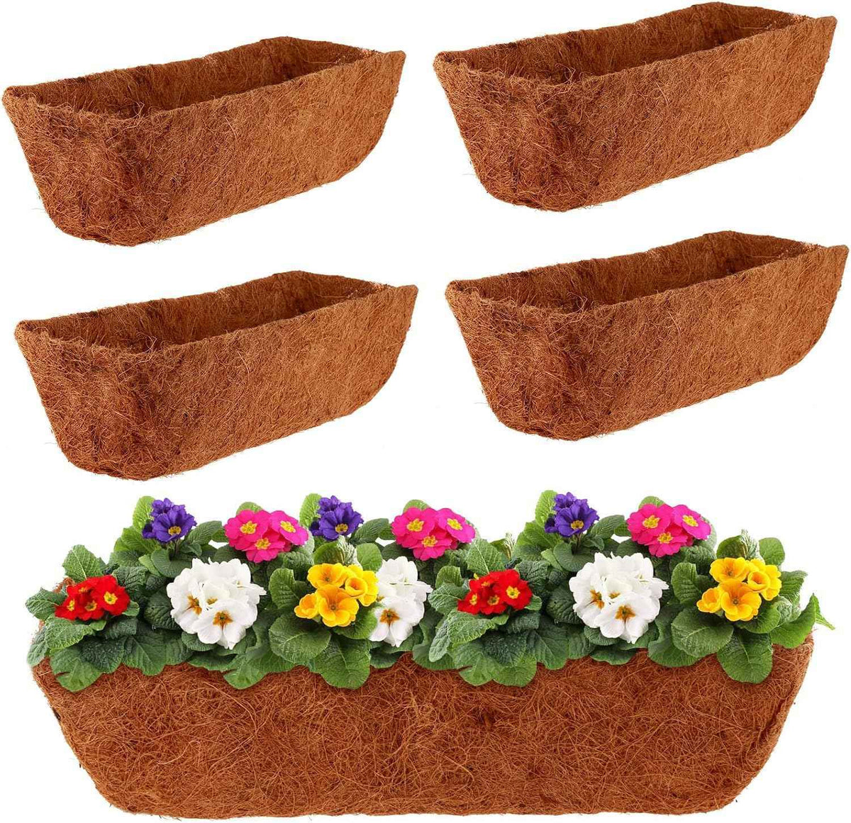 4 Pack Rectangle Coco Liner 24 Inch Hanging Basket Liners 100% Natural Coconut Husk Liners for Planters Window Box Planter Inserts for Large Pots Trough Planters Outdoor Garden Decoration