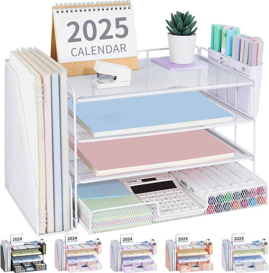 Desk Organizer, 4-Tier Desktop File Organizer with Drawer and Pen Holders, Office Desk Accessories, File Sorters, Workspace Organizers for Office Supplies(White)