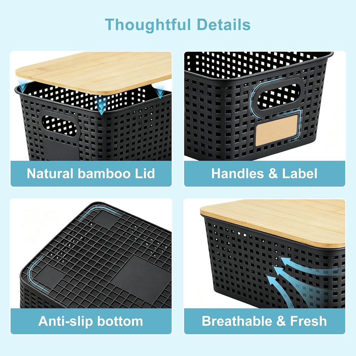 Small Plastic Storage Bins with Bamboo Lids 5.2qt Stackable Box Basket Pantry Decorative Containers Cute with Lable for Organizing Desktop Closet Office Black of 6 packs 10 * 7.2 * 4.1" - Field & Nook
