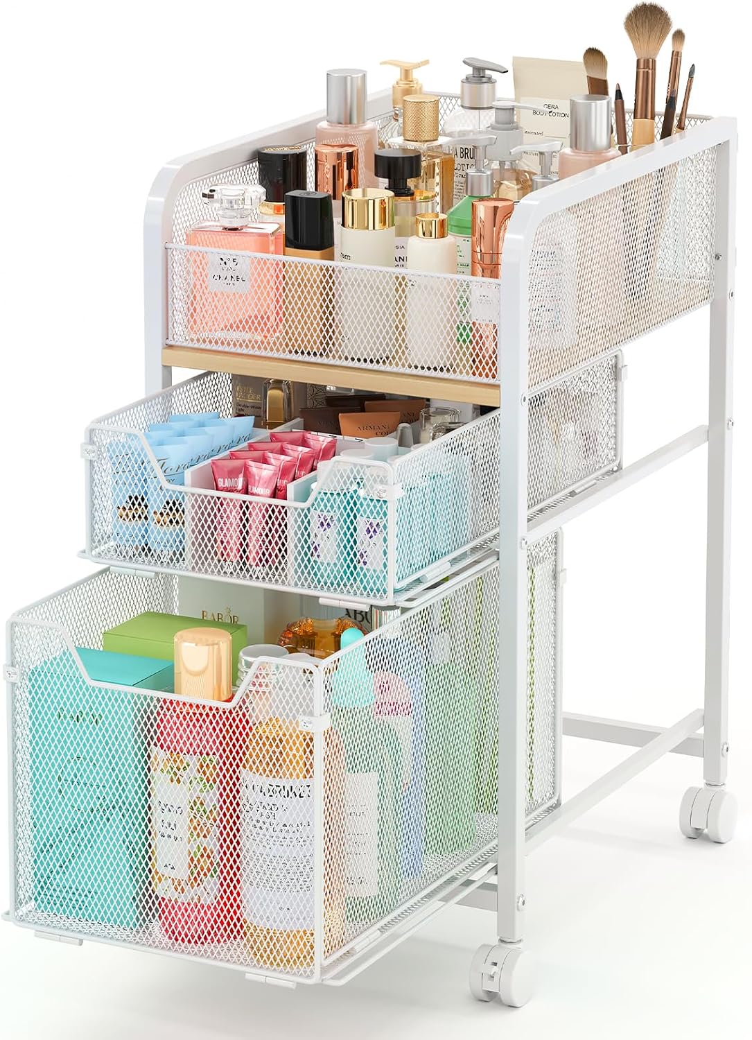 Hongtamoya Rolling Makeup Cart Organizer with 2 Drawers, Under Desk Storage | Narrow Floor Skincare Organizers, Vanity Organizer Cosmetics Display Cases Holder for Nail Polish Perfume Makeup Brush, White - Field & Nook
