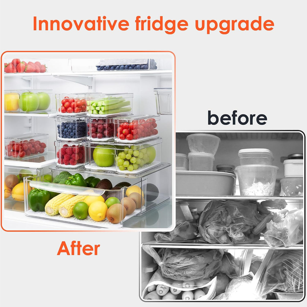 SMRCAD Fridge Organizers and Storage, 8 Pack Clear Freezer Organizer Bins with Lids for Kitchen, Pantry, Refrigerator, Food, Fruit, Vegetable Storage (8 Bins (Include Pull Out Drawer)) - Field & Nook
