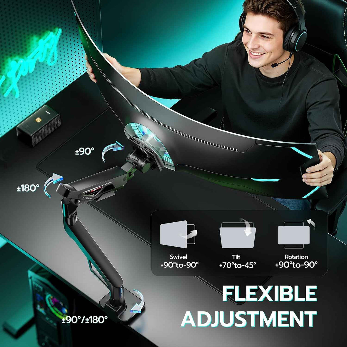 ARES WING Ultrawide Gas Spring Monitor Arm 57"66Lbs VESA Clamp Grommet Base | Height Adjustable & Extendable, Ultrawide Screen Support, Standard VESA Fit, Clamp & Grommet Base, Ideal for Desktop Setup