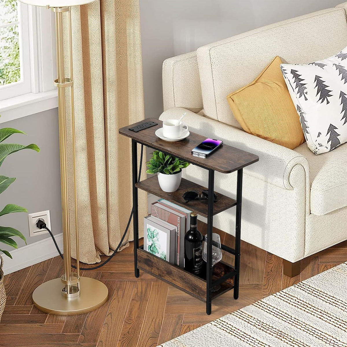 Narrow Sofa Side Table – Charging Station and Storage Shelves