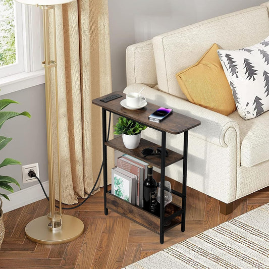 Narrow Sofa Side Table – Charging Station and Storage Shelves