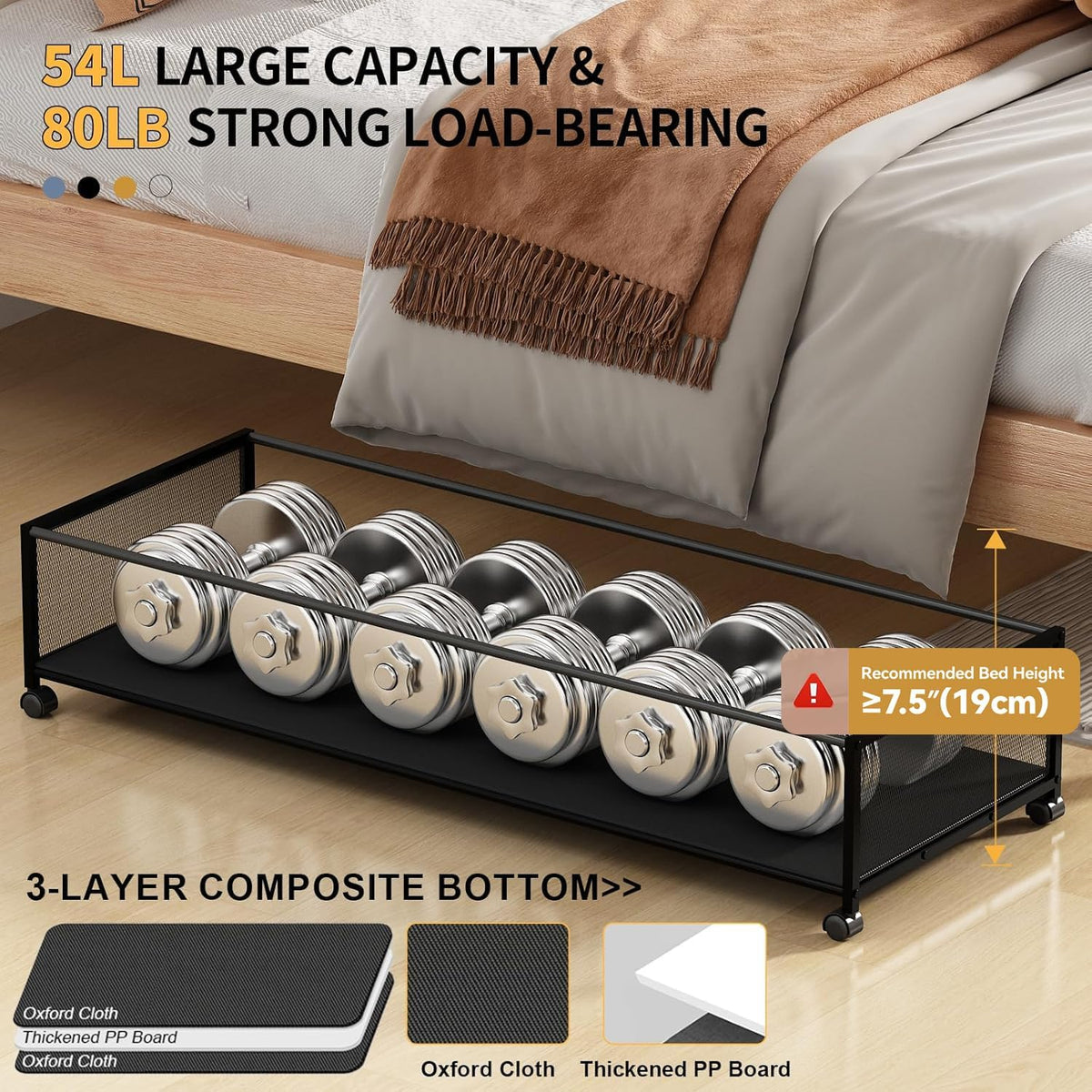 Under Bed Storage Containers with Wheels Large Underbed Shoes Blankets Clothes Toy Storage Drawers for College Dorms Bedrooms Nursery Rooms Organization (Black 2 Pack, 7.5in height(36"x16.6"x7.48")) - Field & Nook