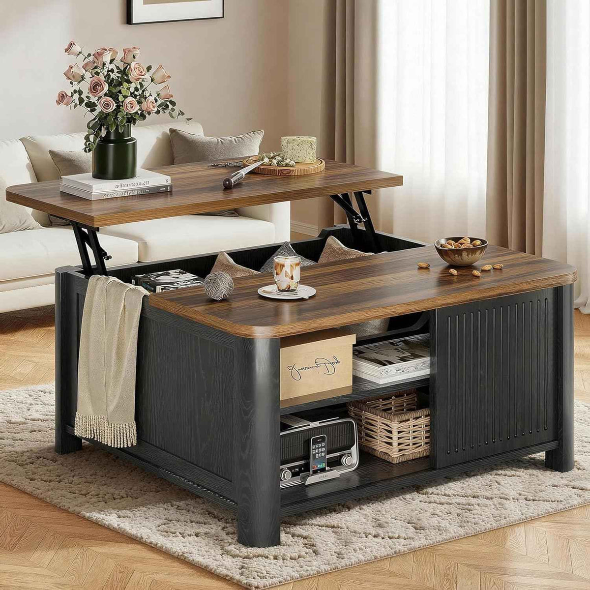 Decofy Lift Top Coffee Table with Storage and Shelves