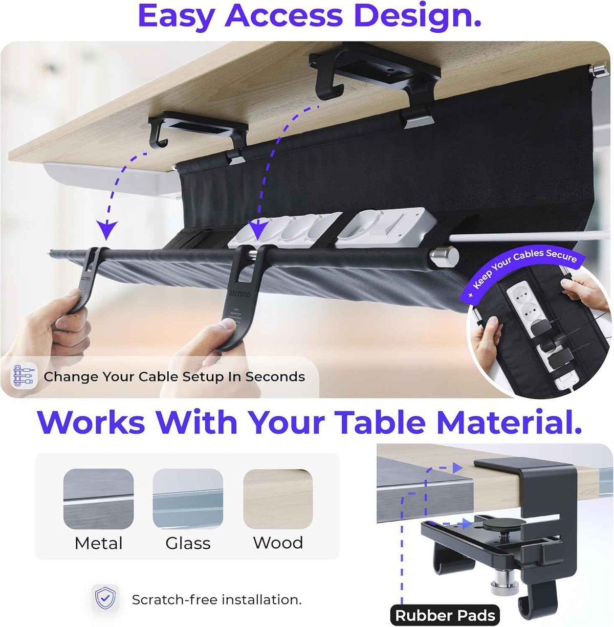 40.6-Inch Heavy-Duty Under-Desk Cable Tray – Clamp-On Fabric Cord Organizer, Black