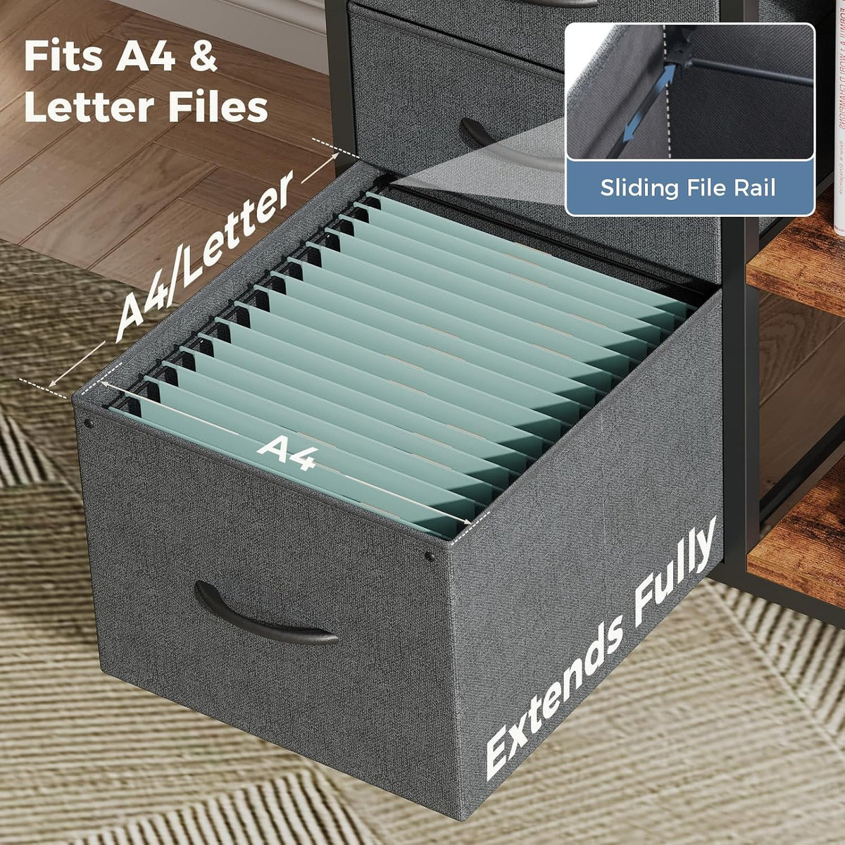 DUMOS 3-Tier Mobile File Cabinet, Rolling Printer Stand with Storage | Fabric Lateral Filing Cabinet fits A4/Letter Size, Under Desk Drawer Cabinet, Printer Cart for Home Office, Gray - Field & Nook