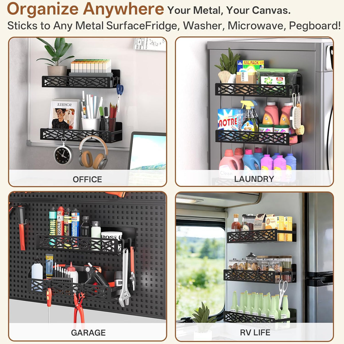 Magnetic Washing Machine Side Storage Rack Shelves 4-Pack, Heavy Duty Metal Narrow Shelf with Hooks, Slim Laundry Room Organizer for Washer Dryer Gap, Space Saving Magnetic Storage for Laundry Kitchen - Field & Nook