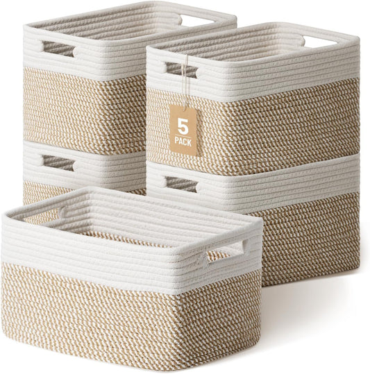 5 Pack Woven Storage Baskets, Decorative Storage Bins for Organizing | 13.8'' × 9.8'' × 7.9'', Cotton Rope Basket Organizer for Closet, Shelves, bathroom, Nursery, Toys, Books, Pantry, Khaki/White - Field & Nook